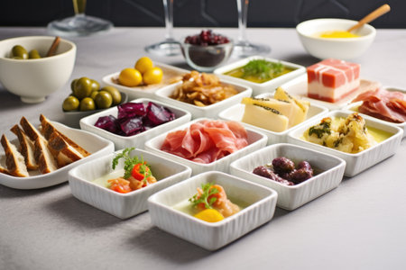 assorted tapas in white ceramic dishes against a stone backdrop, created with generative aiの素材