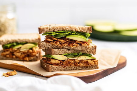 tempeh sandwich with a stack of potato chips on the side, created with generative aiの素材