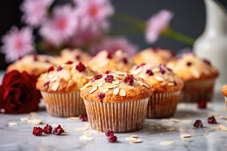 cranberry muffins arranged on a marble countertop, created with generative aiの素材