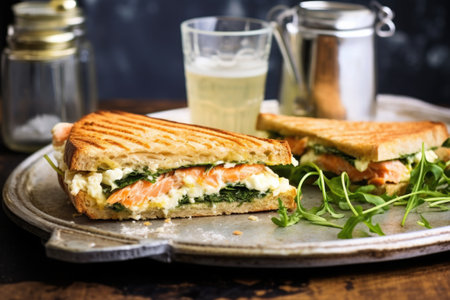 a salmon and cream cheese toasted sandwich on a silver tray, created with generative aiの素材