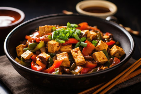 tofu stir-fry with black bean sauce in a black bowl, created with generative aiの素材