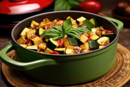 tofu stir-fry with zucchini and mushrooms in a red pot, created with generative aiの素材