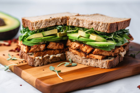 vegan sandwich with smoked tempeh and avocado, created with generative aiの素材