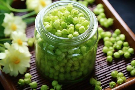 close-up shot of wasabi peas in a glass jar, created with generative aiの素材