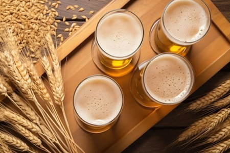 overhead shot of several wheat beer glasses on a serving tray, created with generative aiの素材
