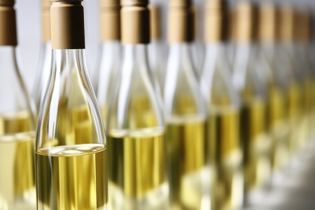 white wine bottles with blank tags, close-up view, created with generative aiの素材