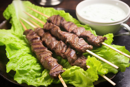 yogurt-marinated kebab skewers laid on green lettuce leaves, created with generative aiの素材