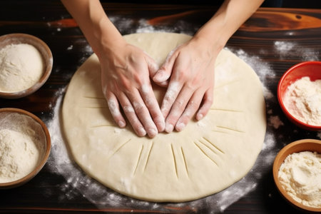 hands forming arepa dough into a round shape, created with generative aiの素材