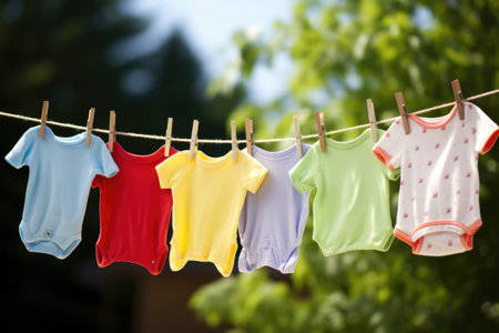 an assortment of baby clothes on a clothesline, created with generative aiの素材