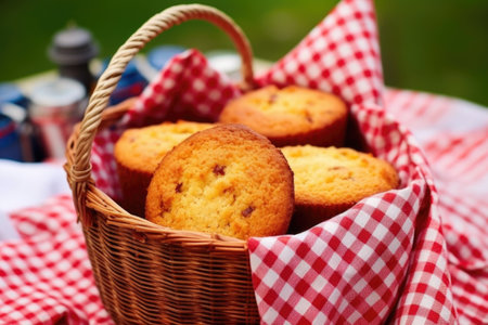 bbq cornbread in a basket with red napkin, created with generative aiの素材