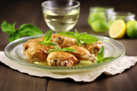 chicken thigh garnished with basil on a glass plate, created with generative aiの素材