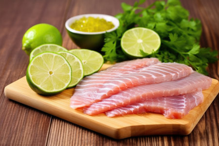 wooden board with raw fillets and lime wedges, created with generative aiの素材