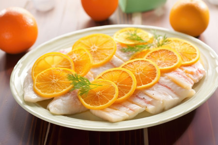 fish fillets with citrus slices on a porcelain plate, created with generative aiの素材