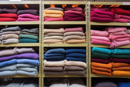 stack of finished sweaters on a warehouse shelf, created with generative aiの素材