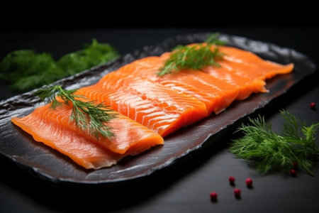 cold smoked salmon garnished with dill sprigs on a dark background, created with generative aiの素材
