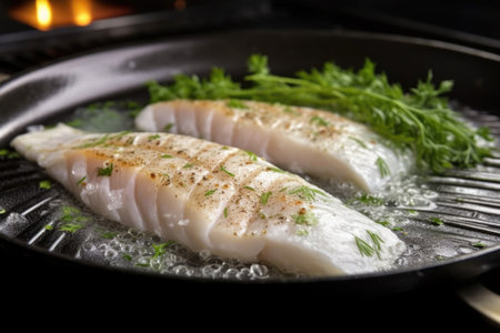 glistening fish piece on non-stick skillet with remaining glaze, created with generative aiの素材