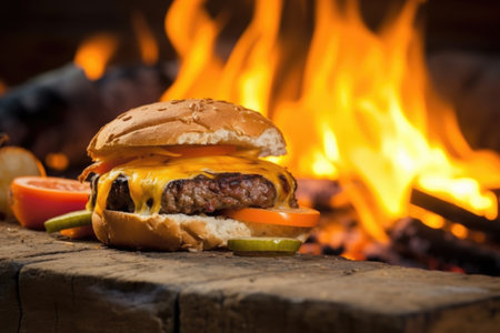 close view of melted cheddar on burger over fire, created with generative aiの素材