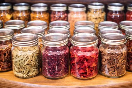 different species of dried botanicals in separate containers, created with generative aiの素材