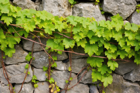close-up of grape vines traversing a stone wall, created with generative aiの素材