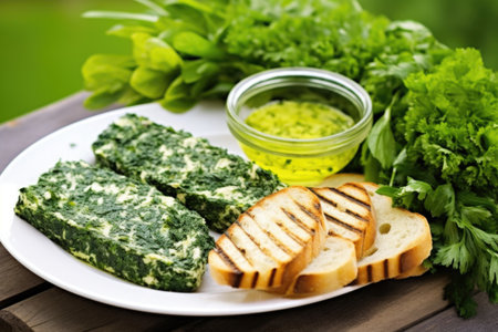 fresh herbs alongside garlic herb butter grilled bread, created with generative aiの素材