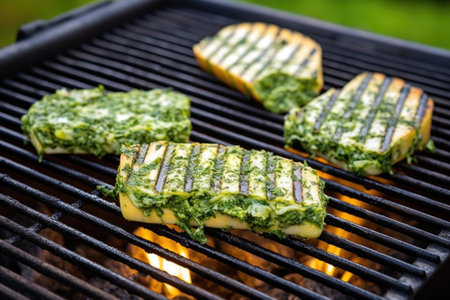 garlic herb butter bread on grill with smoke curling up, created with generative aiの素材