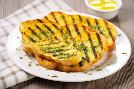 grilled garlic bread placed on a ceramic white plate, created with generative aiの素材