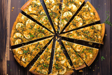 overhead shot of a grilled garlic bread circle cut into pieces, created with generative aiの素材
