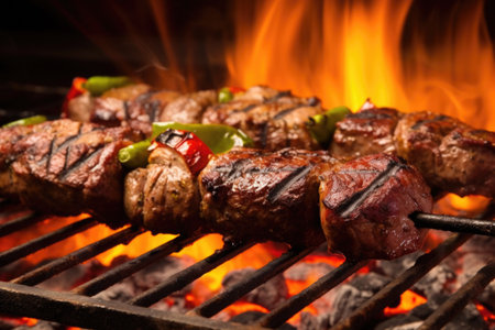 sizzling lamb kebabs on the grate, smoke and flames seen, created with generative aiの素材
