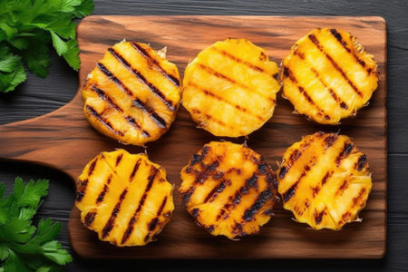 flatlay view of grilled pineapples on a board, created with generative aiの素材
