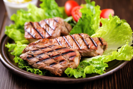 grilled chops on a bed of lettuce leaves, created with generative aiの素材