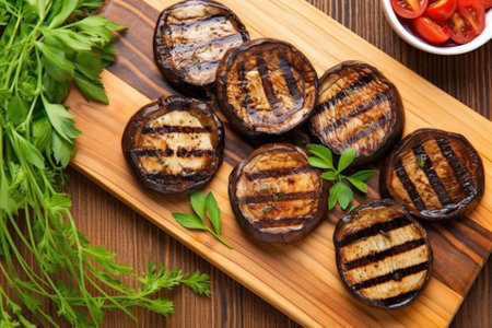 top view of grilled portobello mushrooms on a bamboo board, created with generative aiの素材