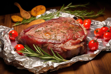 t-bone steak covered with foil after grilling to keep it juicy, created with generative aiの素材