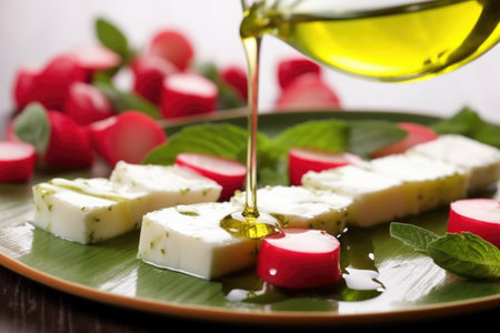 close-up view of olive oil drizzling on grilled radishes, created with generative aiの素材