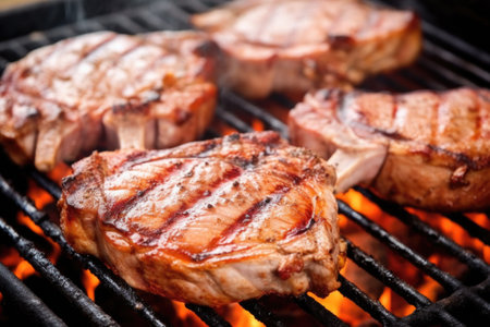 juicy pork chops smoking on a barbecue grill, created with generative aiの素材