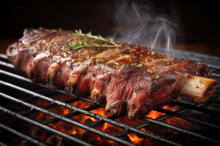 side view of a full rack of ribs with smoke, created with generative aiの素材