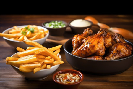 bbq chicken wings in honey garlic sauce next to a bowl of fries, created with generative aiの素材