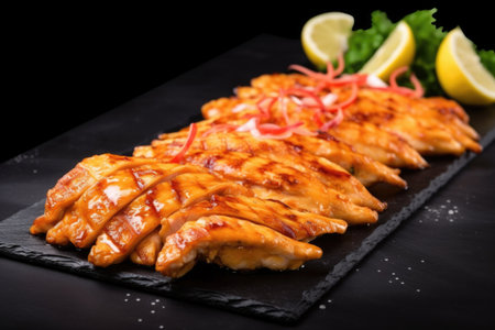 fanned out arrangement of honey bbq chicken wings on a black slate, created with generative aiの素材