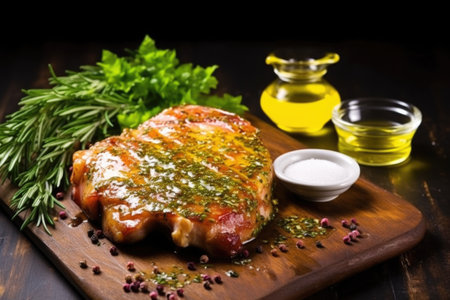 arrangement of honey mustard pork chop with herbs and spices, created with generative aiの素材