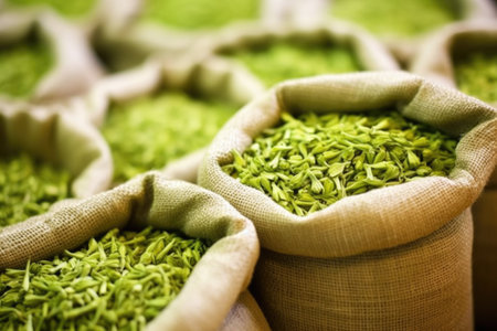 close-up of hop sacks prepared for brewing, created with generative aiの素材