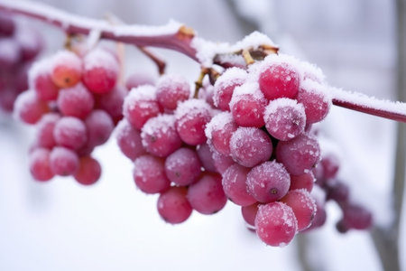 close-up of a frosty grape bunch on a snowy day, created with generative aiの素材