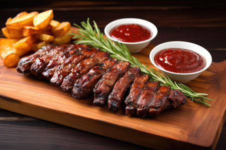 ribs with sauce on a plain wooden plate, no garnish, created with generative aiの素材