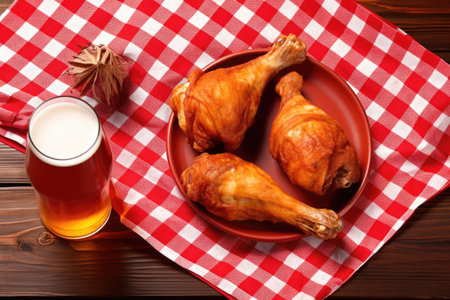 overhead shot of beer bottle with chicken drumsticks on red napkin, created with generative aiの素材