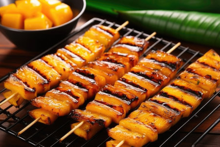 grilled plantains with shiny mango bbq glaze, lying on a bamboo mat, created with generative aiの素材