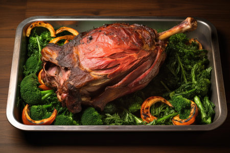 oak-smoked lamb shoulder viewed from a top angle, created with generative aiの素材