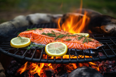 salmon fillet with lemon slices roasting on a fire nest, created with generative aiの素材
