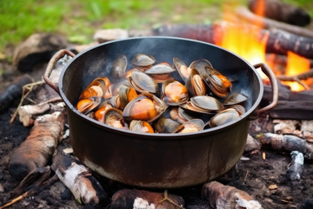 clams in a pot over burning wood, created with generative aiの素材