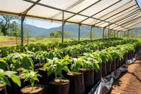 coffee plants being protected by a shade cloth, created with generative aiの素材