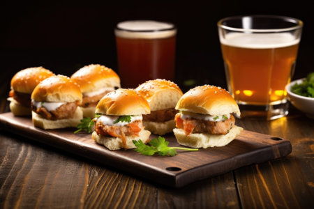 pork sliders, sauce dip, with ale on chalkboard table, created with generative aiの素材