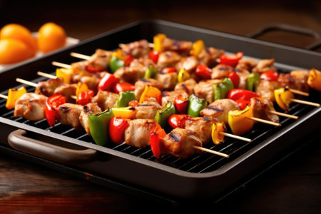 grilled pork skewers on a non-stick grill pan, created with generative aiの素材