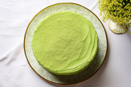 top view of a green velvet cake on a cake stand, created with generative aiの素材